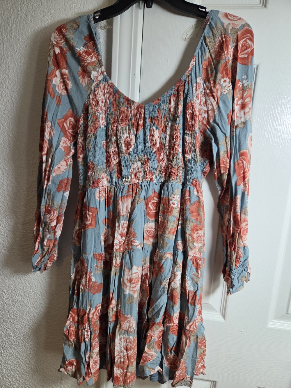 Blue and Coral Floral Long-Sleeve Smocked Dress